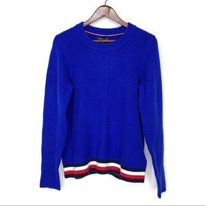 Tommy Hilfiger Wide Ribbed Fuzzy Knit Blue Sweater Striped Hem New Nwt Size L